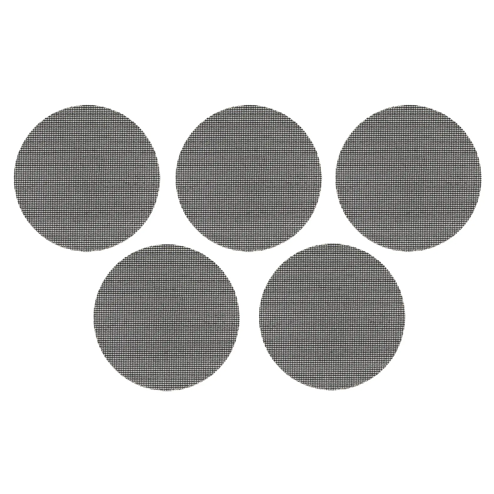 Five round DEWALT sanding mesh discs are arranged in two rows against a white background.