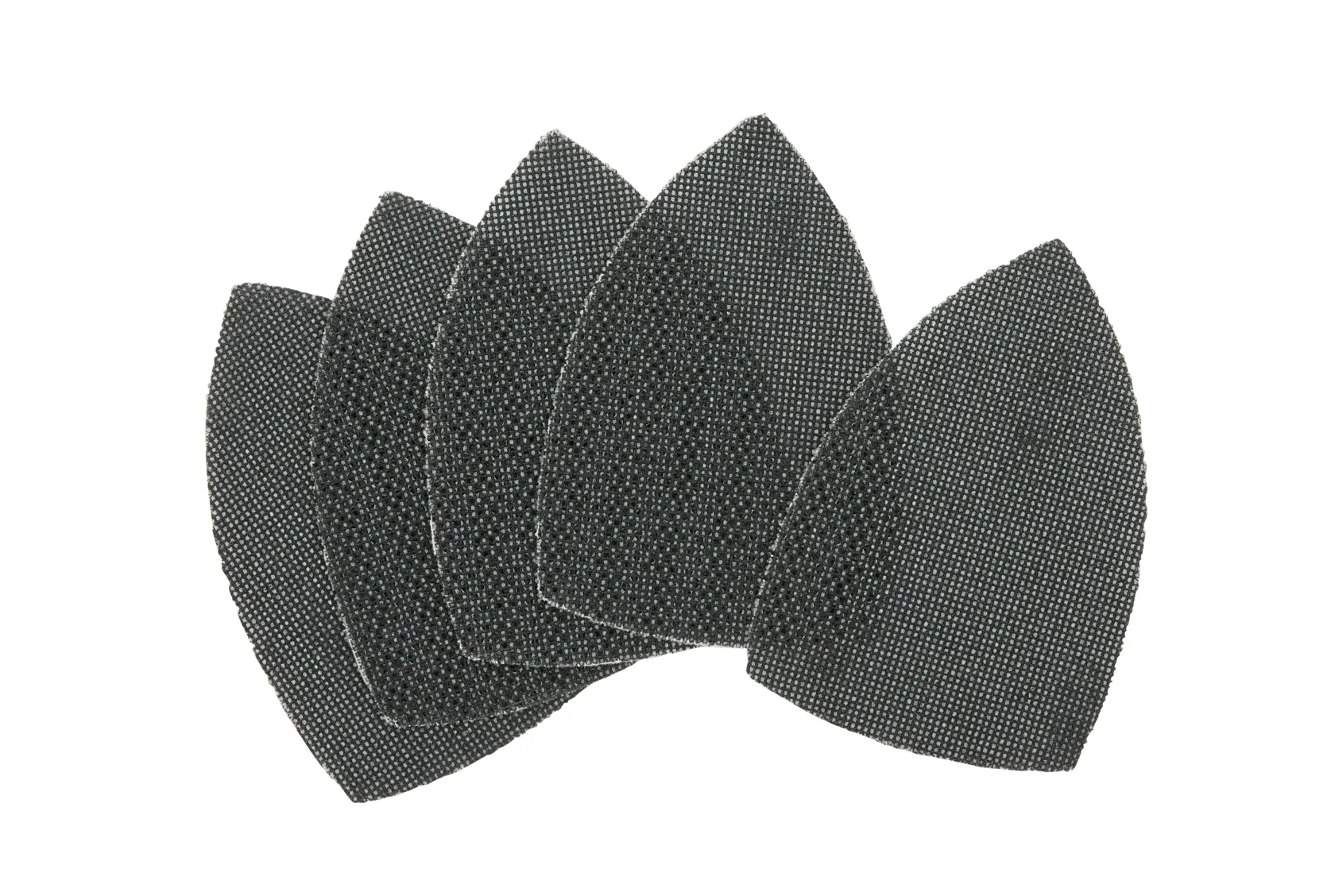 Set of five black triangular sanding mesh sheets for DEWALT tools, suitable for surface finishing tasks.