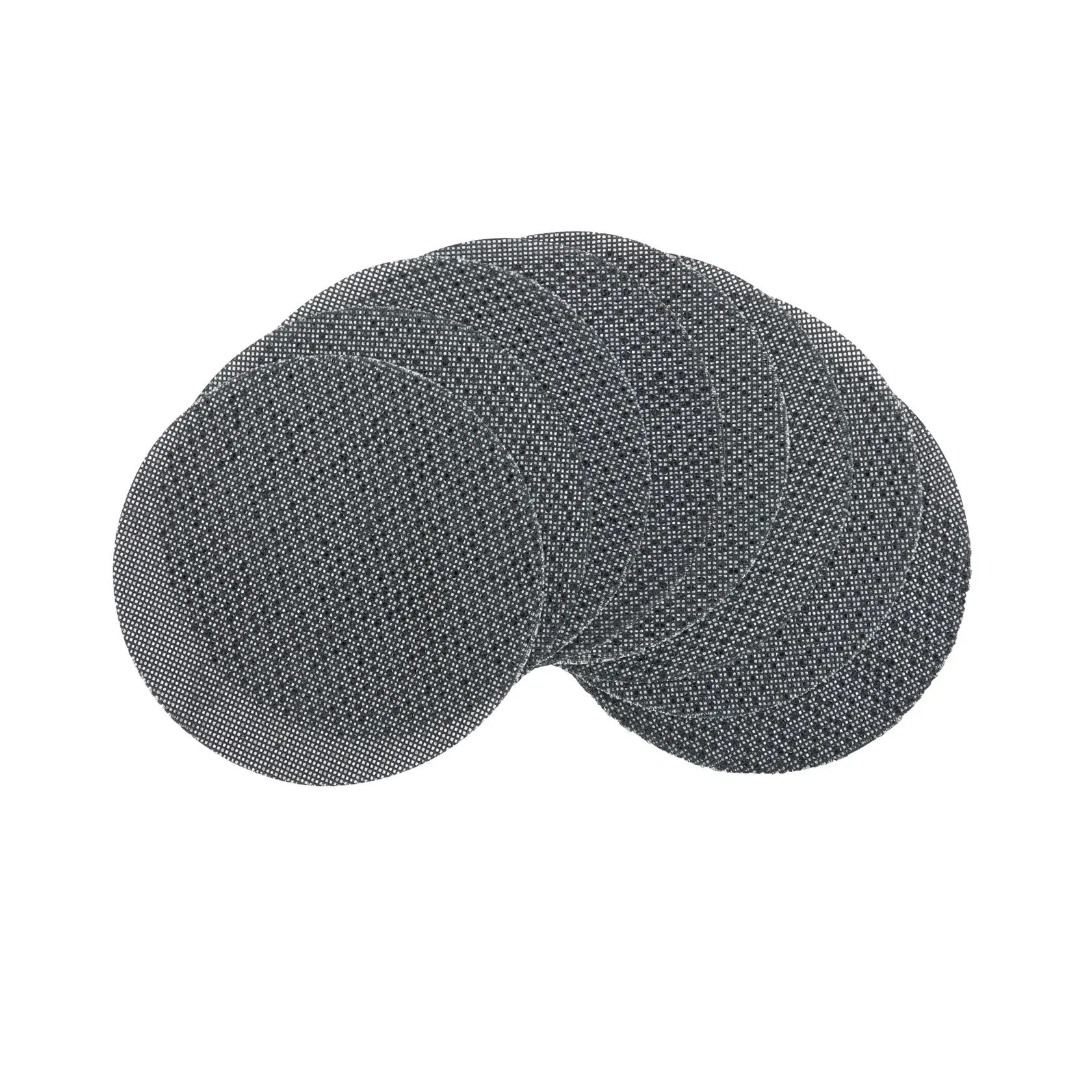 A set of round DEWALT mesh sanding discs arranged in a fan shape on a white background.