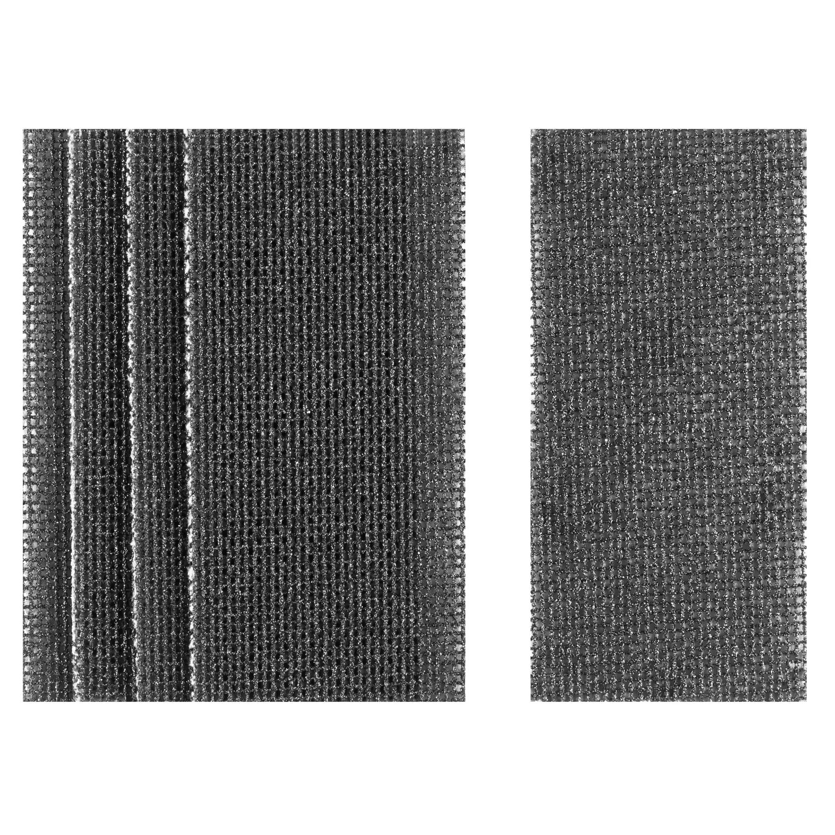 Close-up of two rectangular DEWALT mesh sanding sheets with textured surfaces, side by side on a white background.