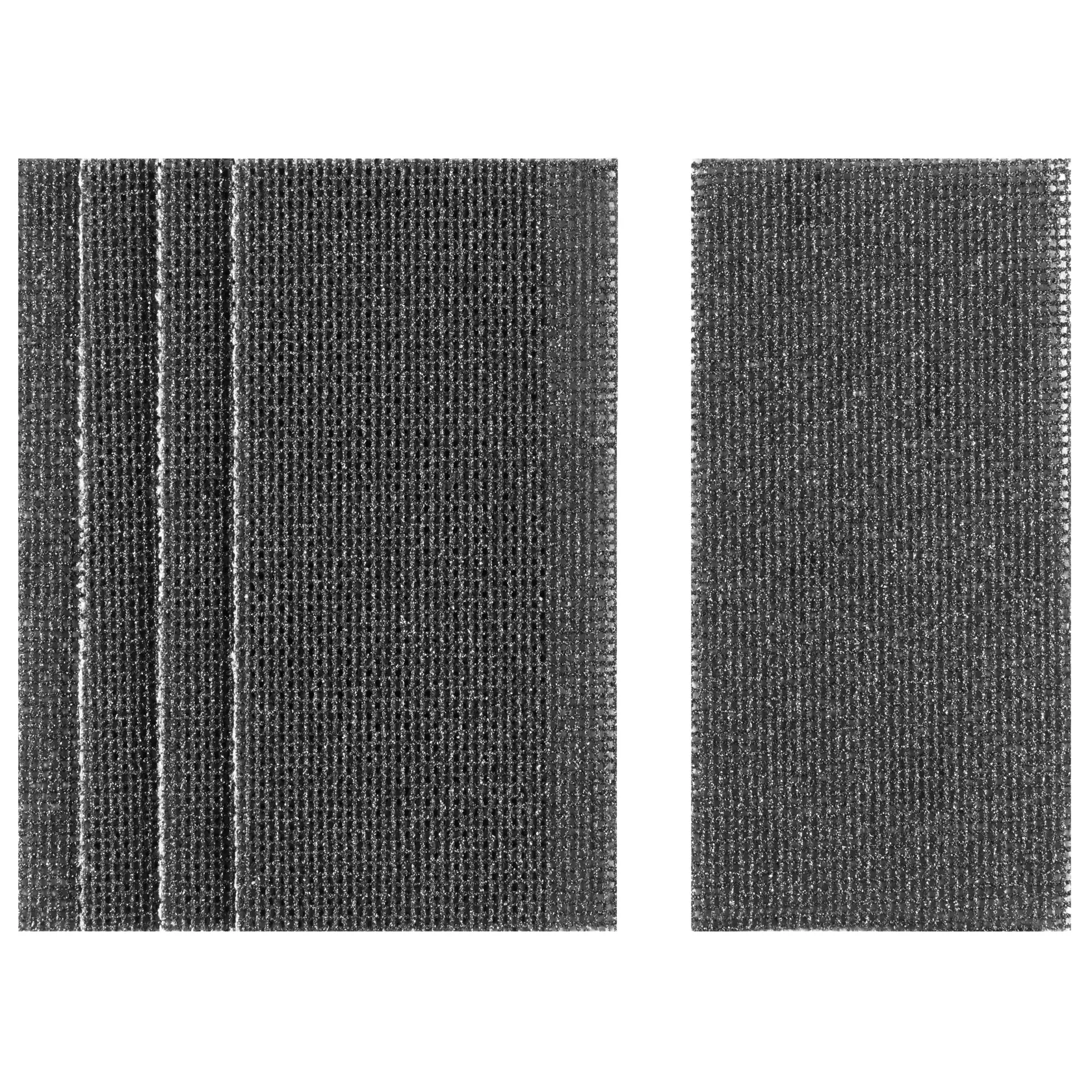 Two rectangular DEWALT sanding sheets with a gritty textured surface, shown side by side on a white background.