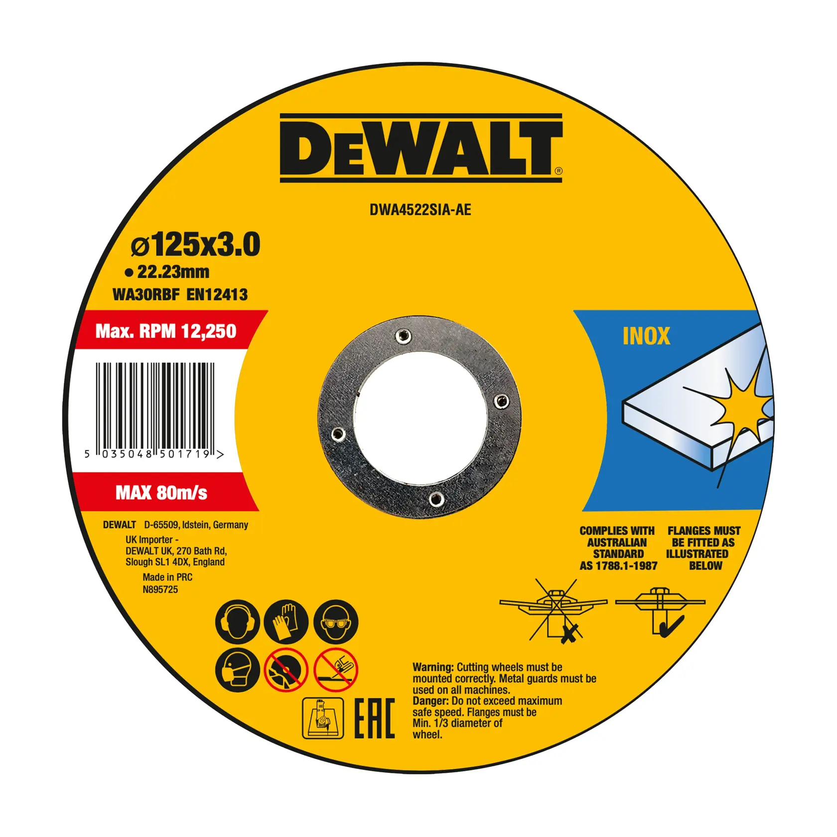 DEWALT cutting disc for INOX, model DWA4522SIA-AE and DWA4522SIA, 125mm, photography category.