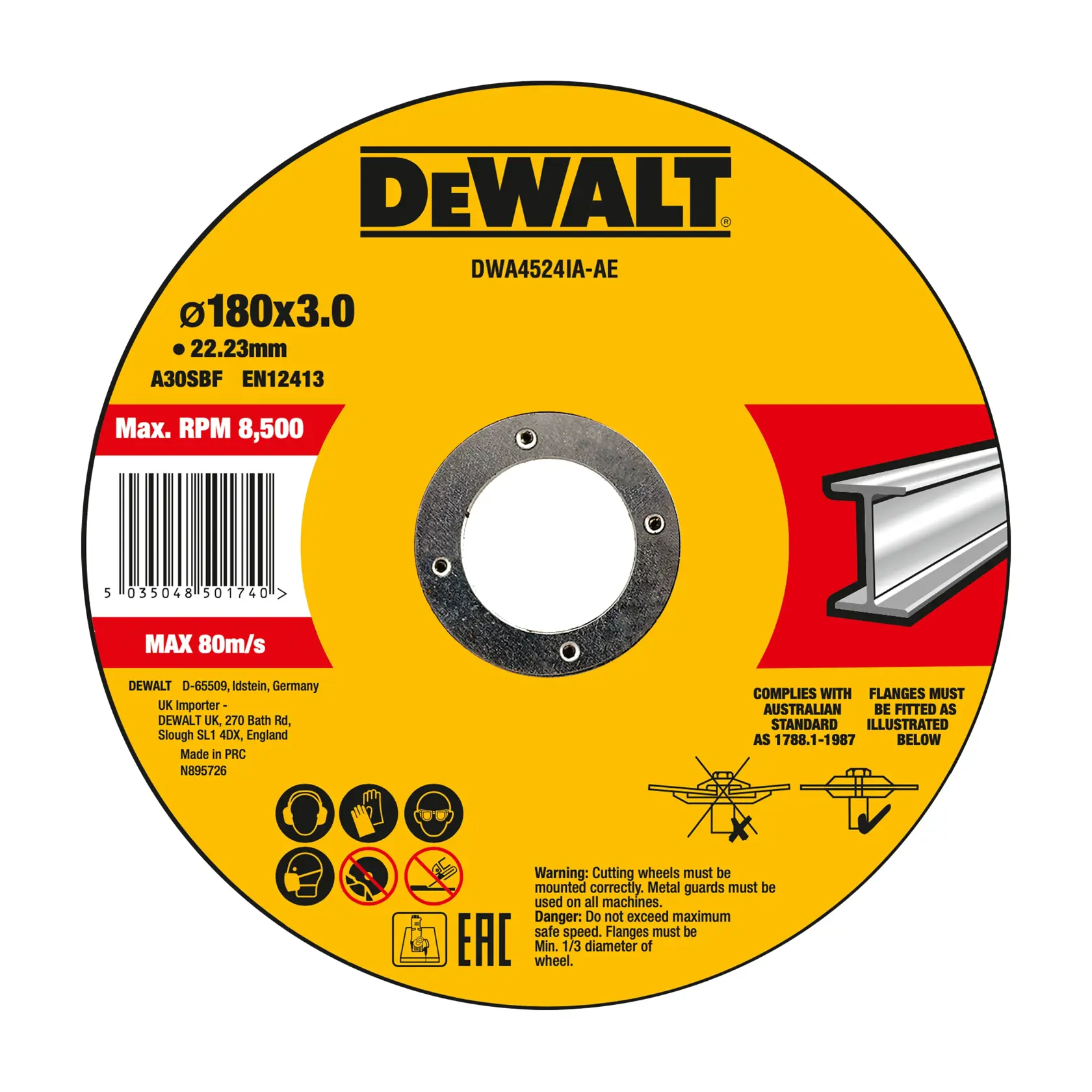 DEWALT DWA4524IA 180x3.0mm metal cutting disc with safety icons and usage warnings on a yellow label.