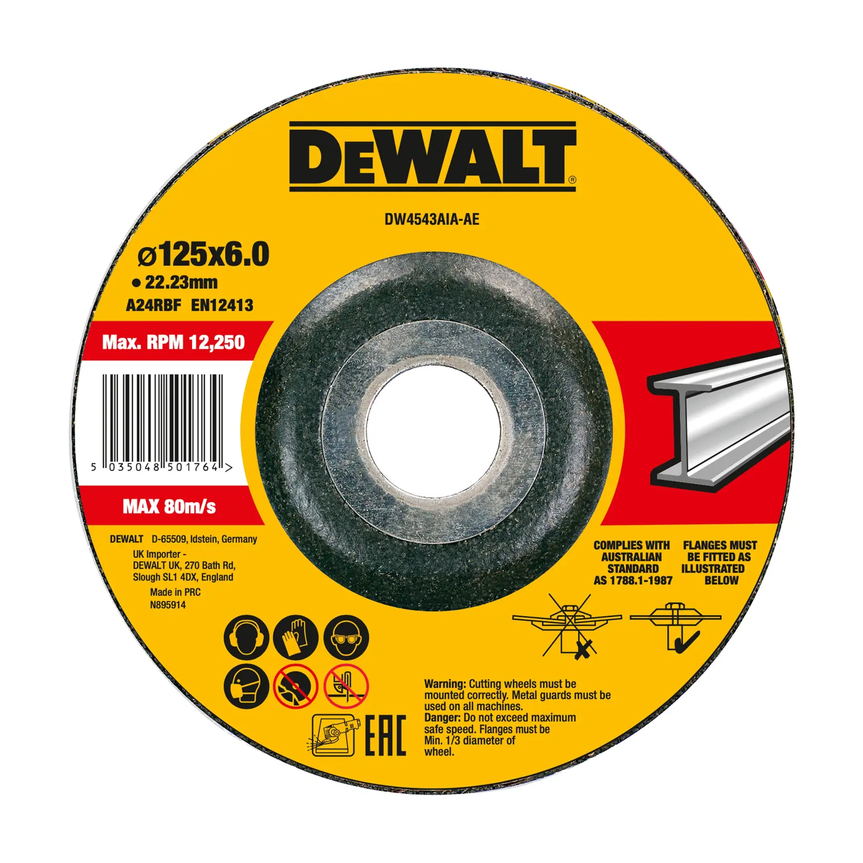 DEWALT cutting wheel, Photography category, SKUs DWA4514SIA-AE, DWA4514SIA, yellow label, circular shape.