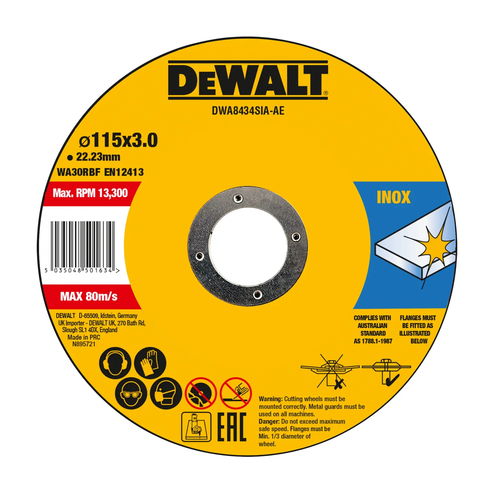 DEWALT photography product DWA8434SIA-AE, DWA8434SIA cutting disc, 115x3.0mm, yellow design for inox.