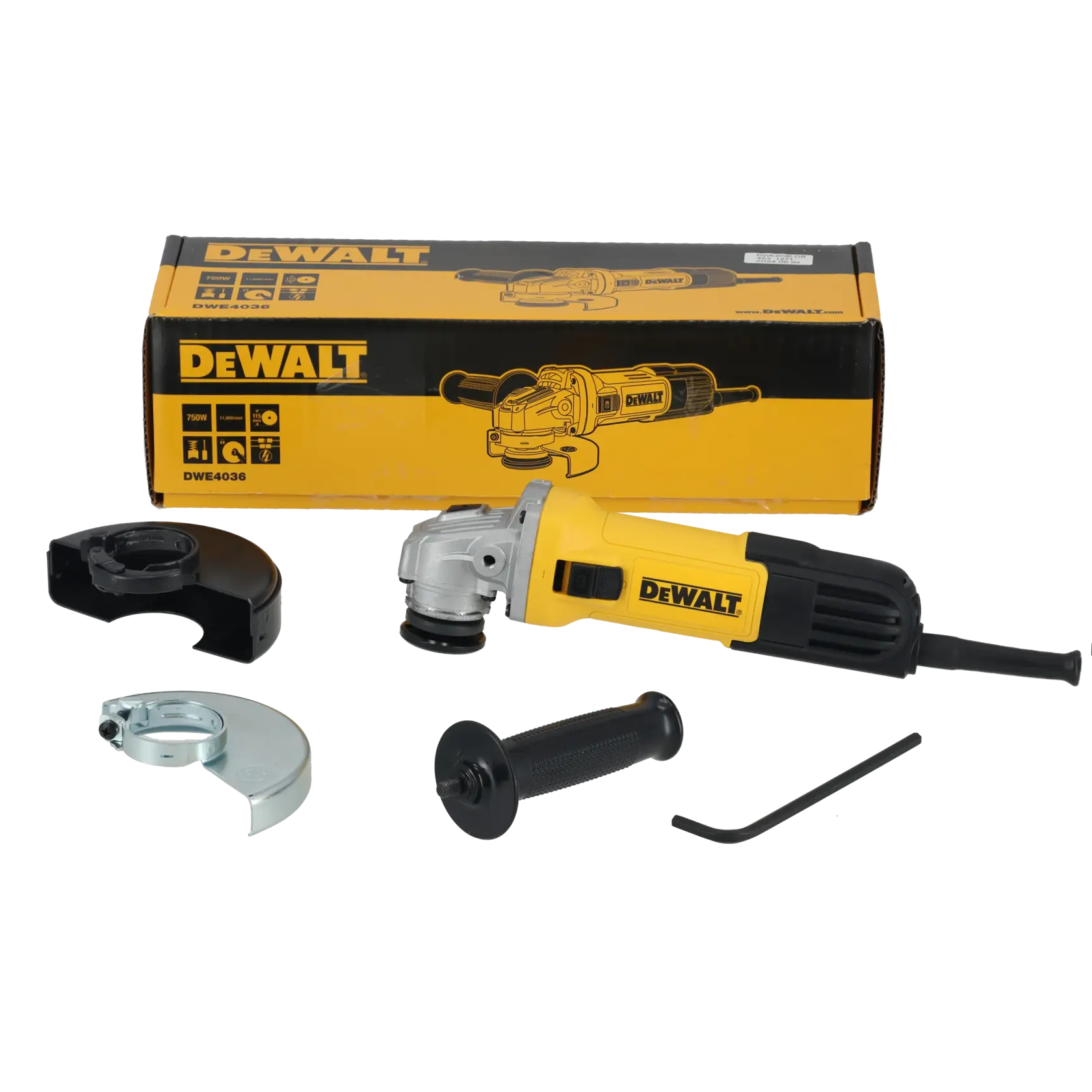 DEWALT DWE4036 angle grinder kit with box, attachments, handle, and wrench.