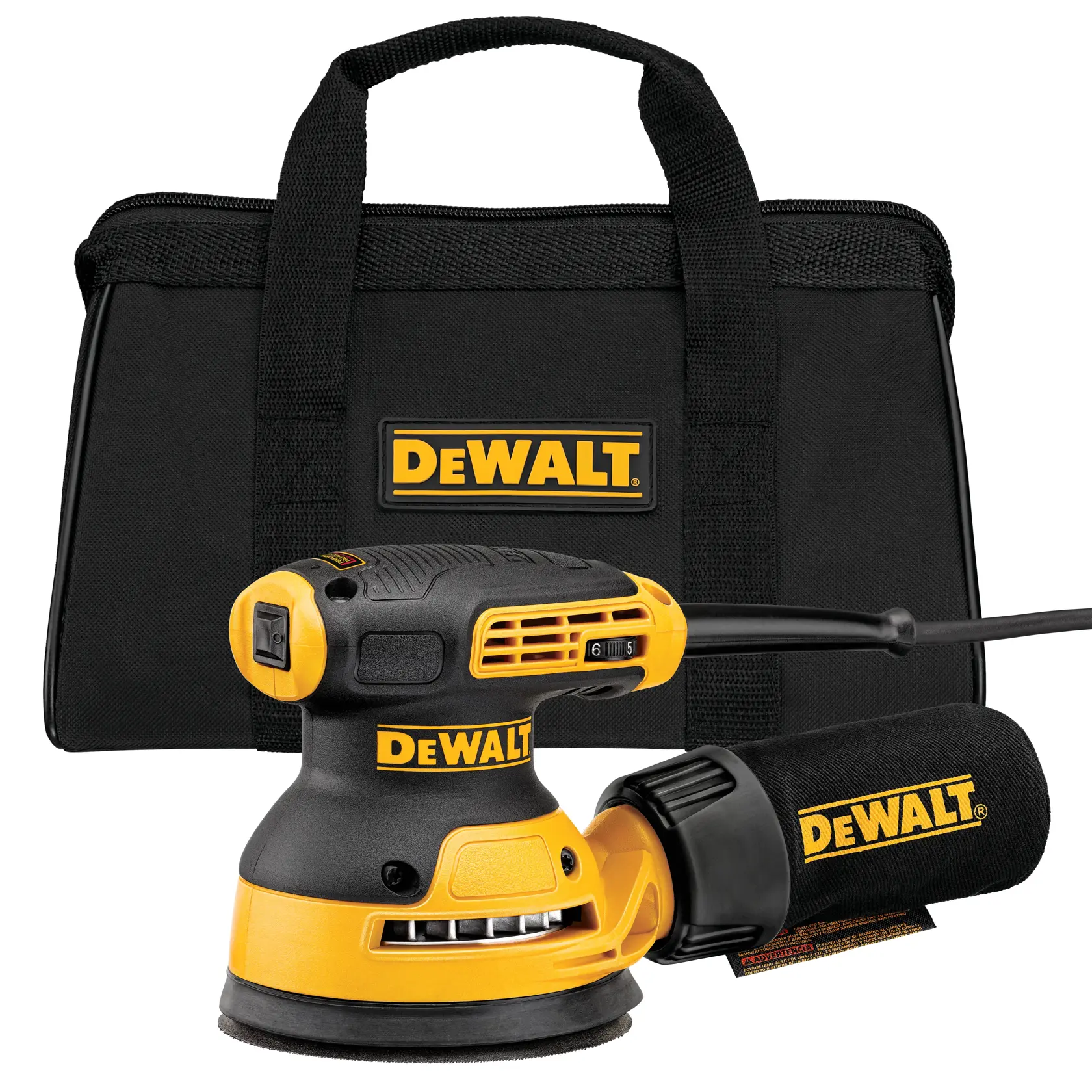 DEWALT DWE6423 yellow and black electric random orbital sander with dust collection bag attached, photographed on a plain white background.