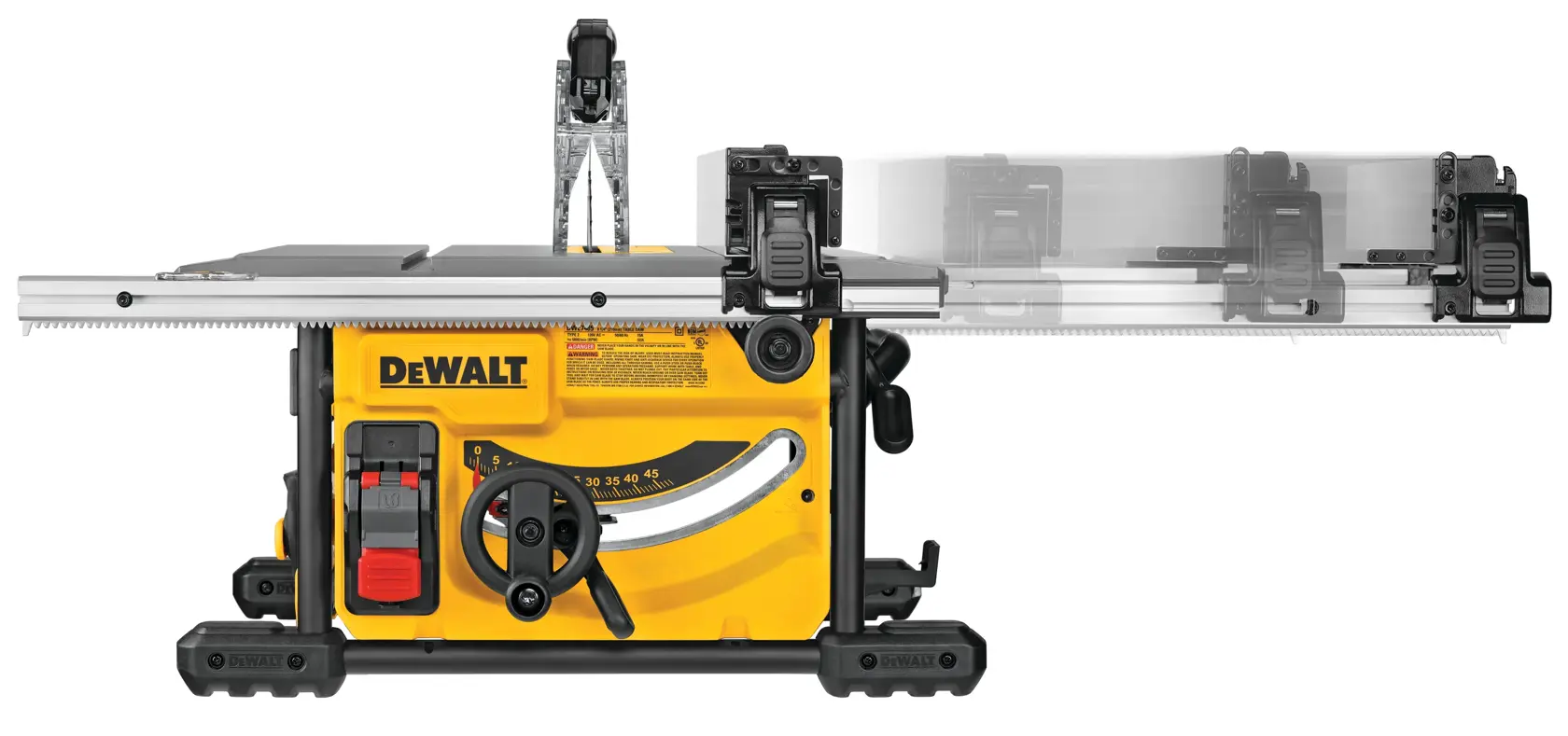 Una sierra de mesa portátil amarilla y negra DEWALT con cerca ajustable, perillas de control y características de seguridad, vista desde el lateral.