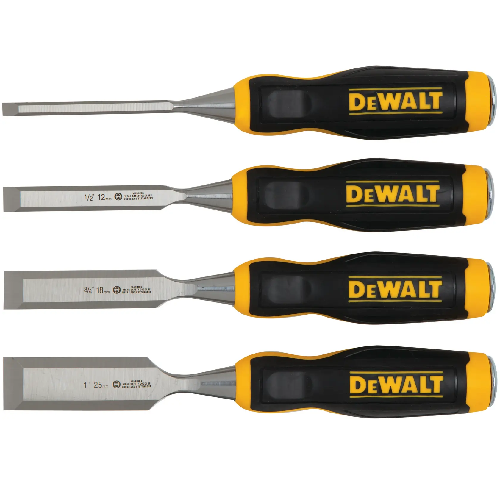 Set of four DEWALT wood chisels with black and yellow handles in different sizes displayed side by side.