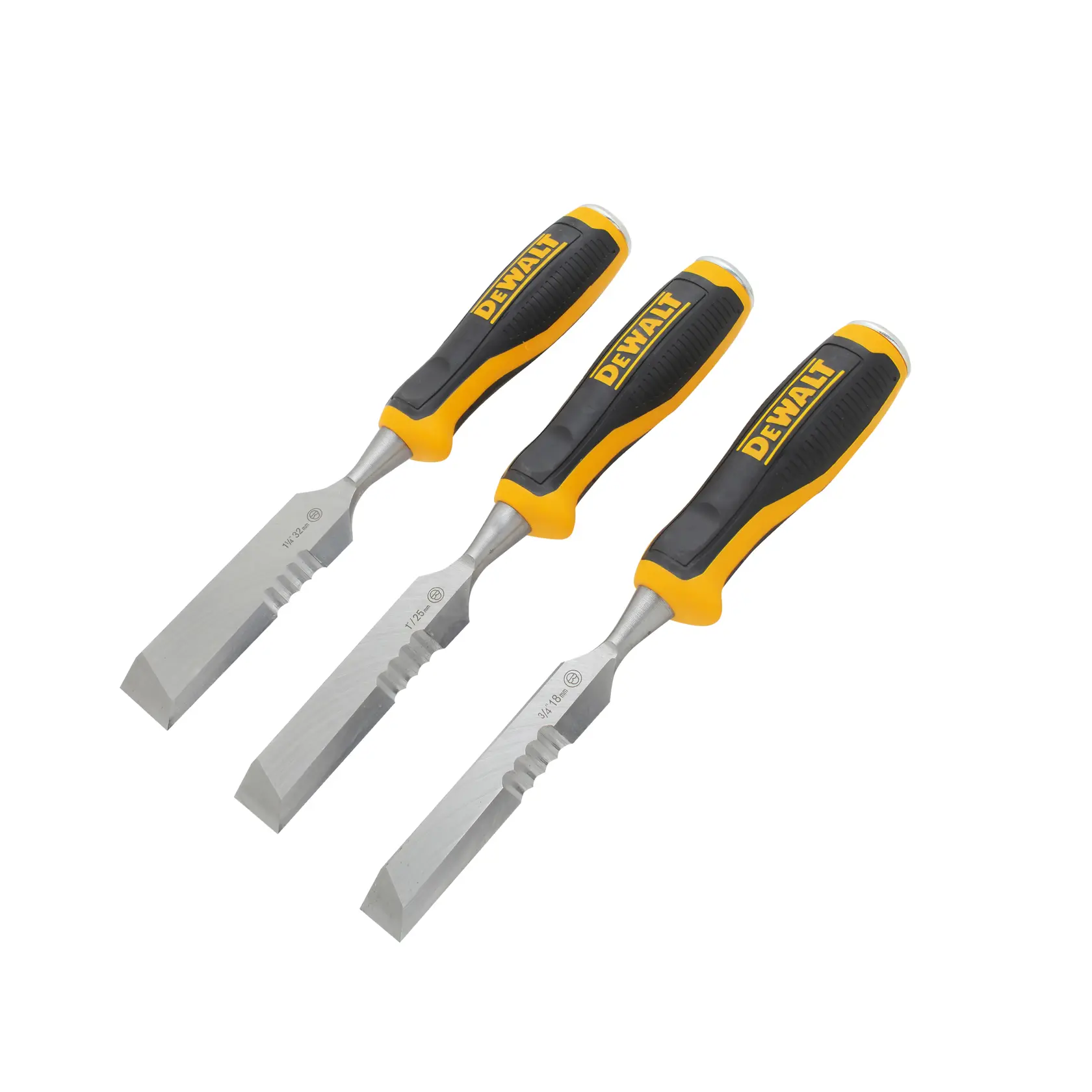 Three DEWALT chisels with black and yellow handles are arranged diagonally on a white background.