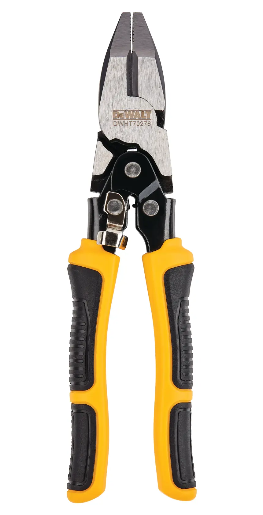 DEWALT metal cutting snips with black and yellow handles, shown upright on a white background.