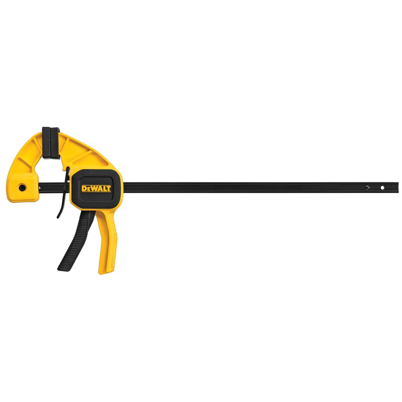 Yellow and black DEWALT trigger clamp with long metal bar for holding materials securely.