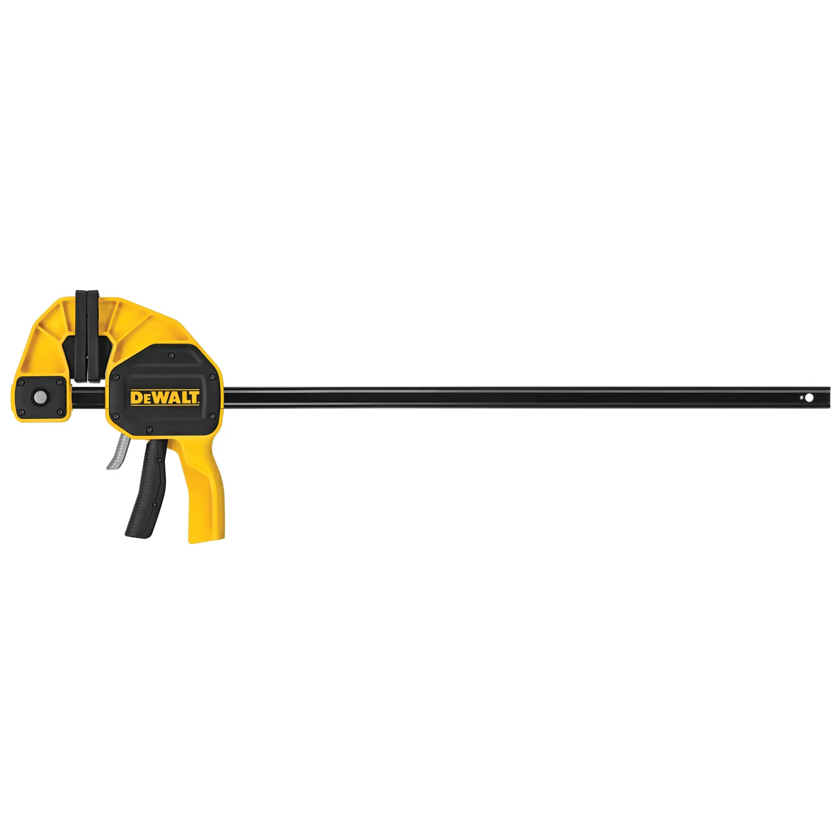 DEWALT bar clamp with yellow and black handle, used for securing materials in woodworking or construction.