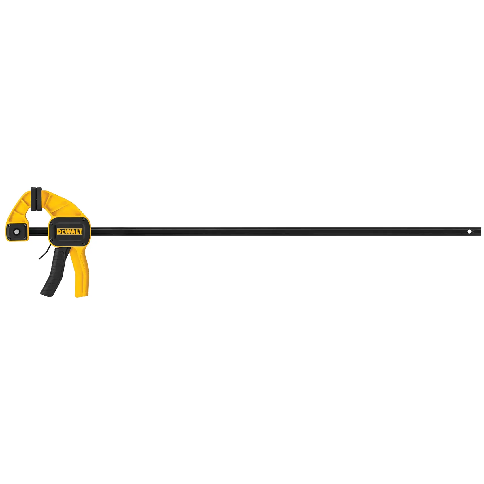 DEWALT quick grip bar clamp with black and yellow handle, used for securing materials firmly during work.