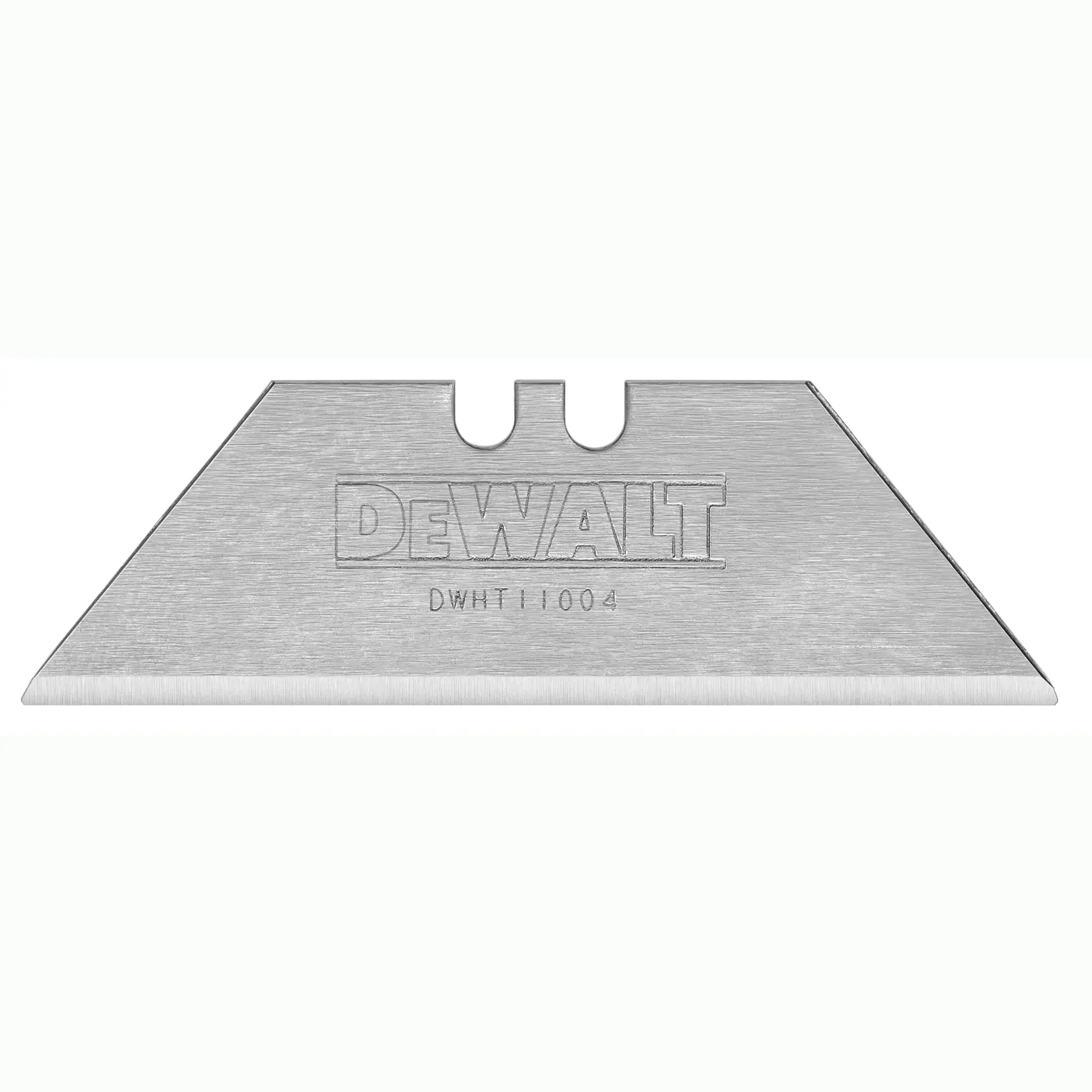 DEWALT utility knife replacement blade, model DWHT11004-2, shown with sharp edge and metal finish.