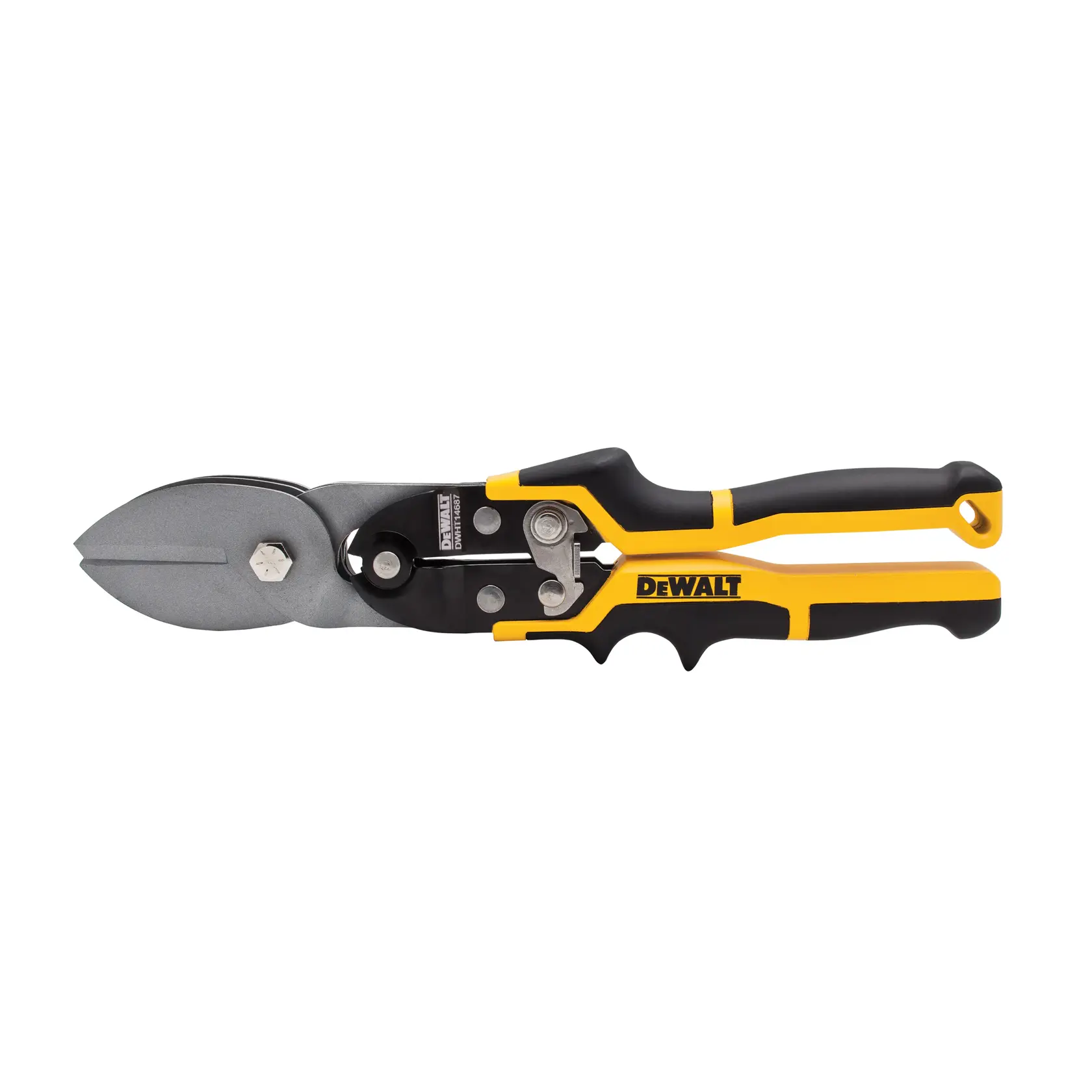 DEWALT straight cut tin snips with black and yellow handle and metal blades.