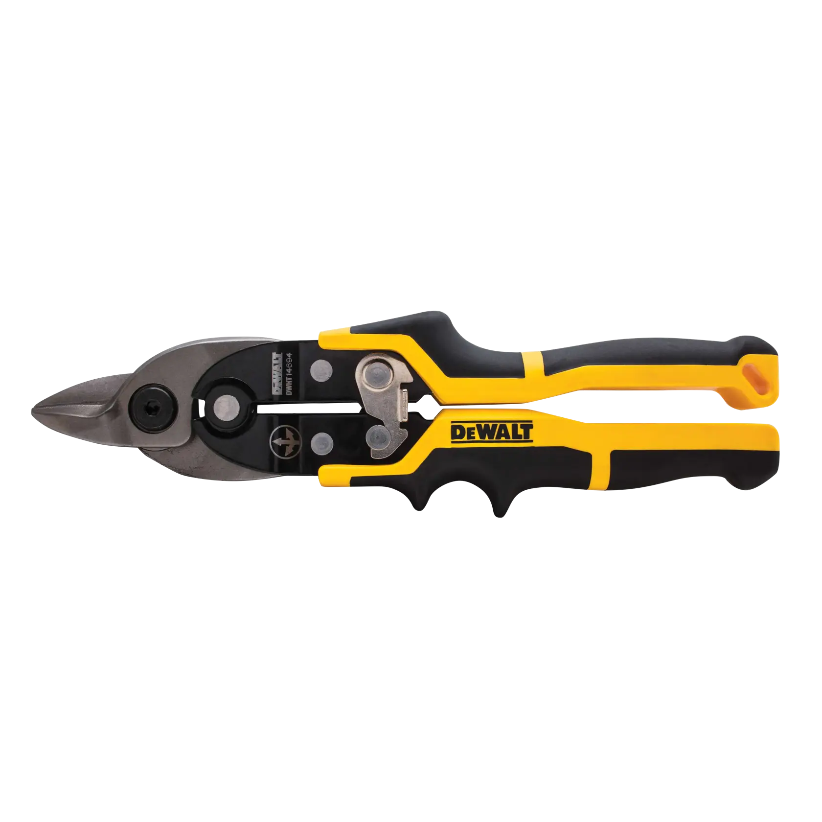 A DEWALT straight cut aviation snip with black and yellow ergonomic handles and a metal cutting blade.