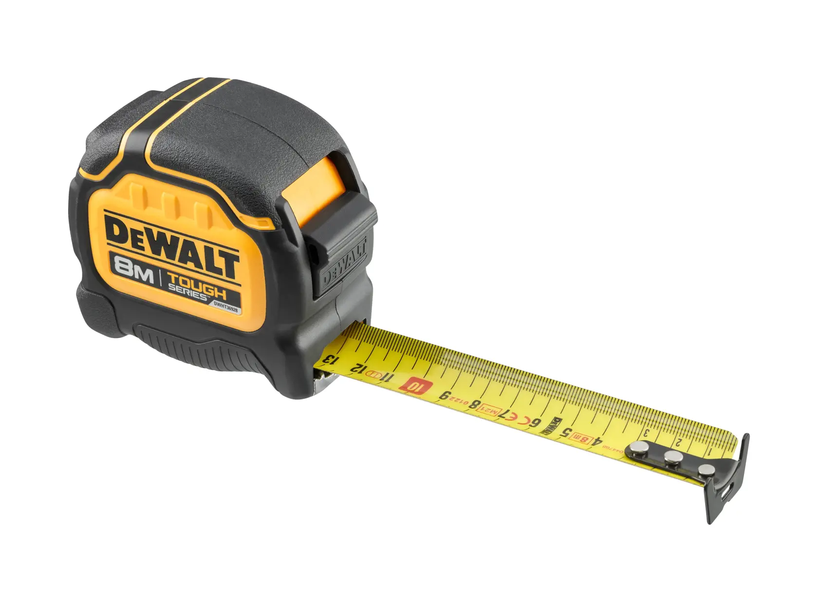 DEWALT Tough Series 8m yellow tape measure with black casing, partially extended.