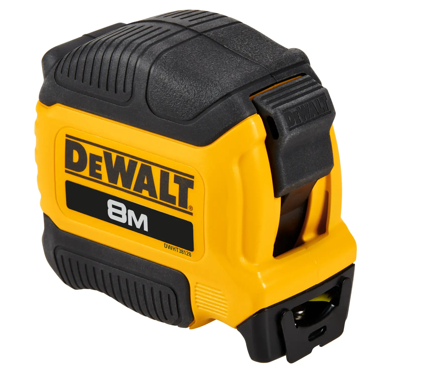 Close-up view of a DEWALT 8 meter tape measure, featuring a yellow and black casing and labeled DWHT38128.