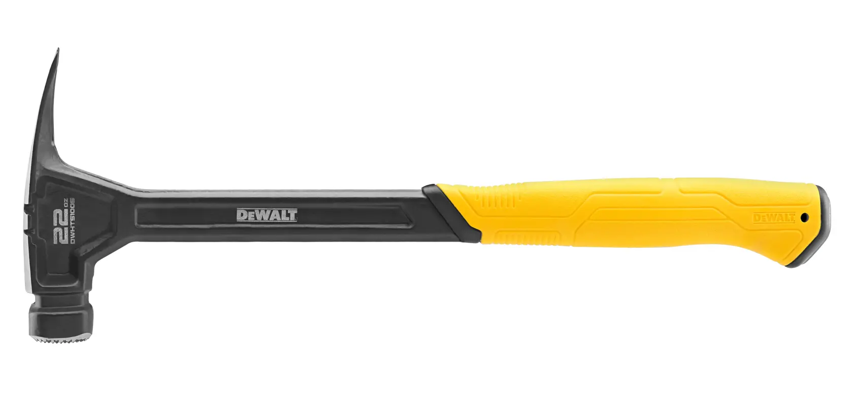 A DEWALT claw hammer with a black head and a yellow ergonomic handle, designed for striking and pulling nails.