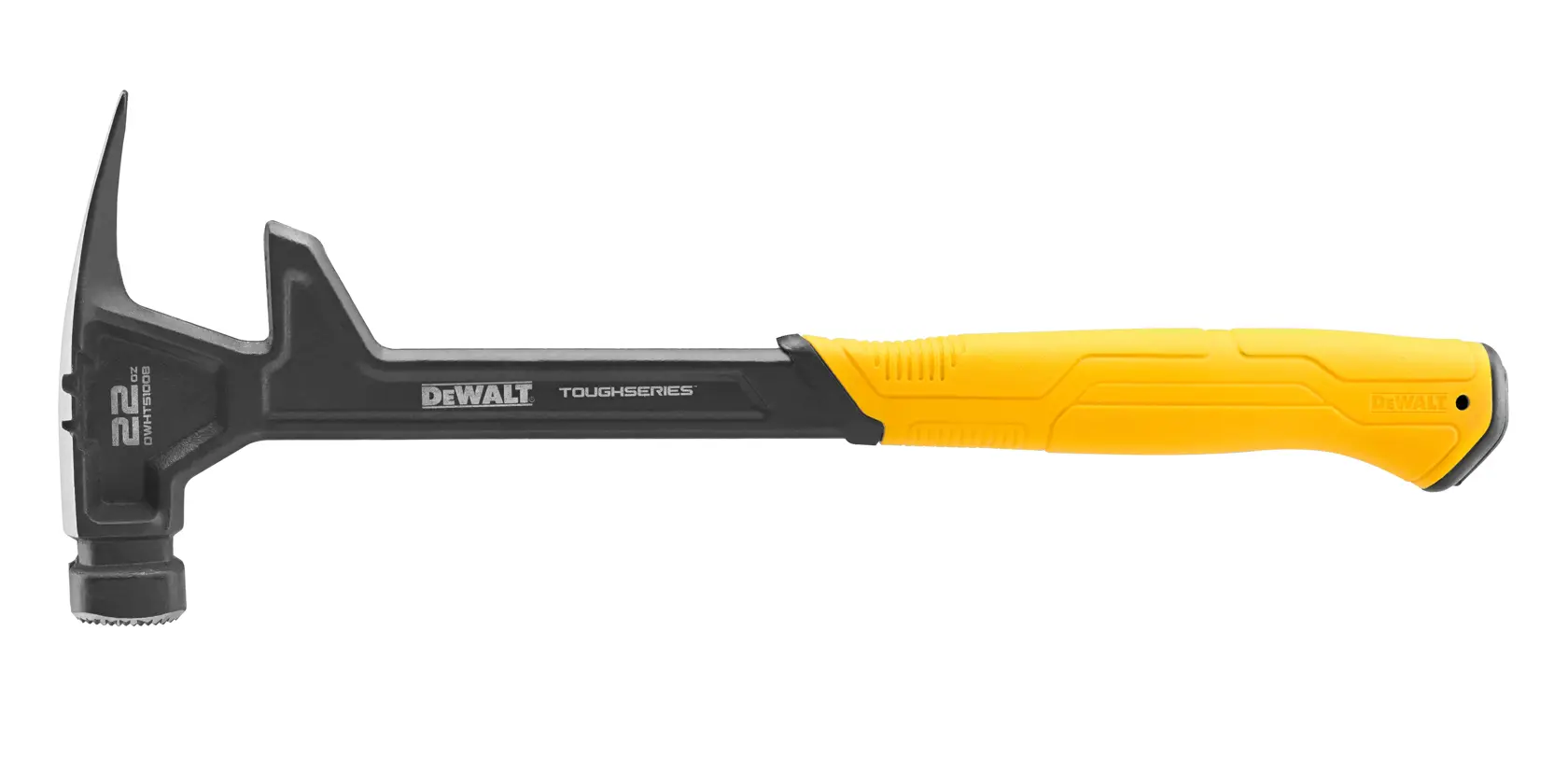 A DEWALT ToughSeries 22 oz hammer with a black head and shaft and a yellow ergonomic handle, designed for heavy-duty use.