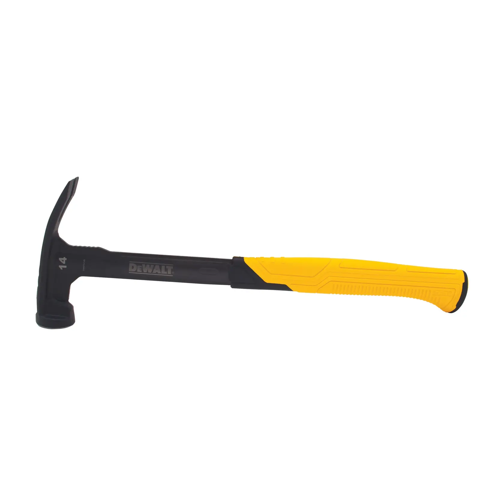 DEWALT claw hammer with black metal head and yellow ergonomic handle on a white background.