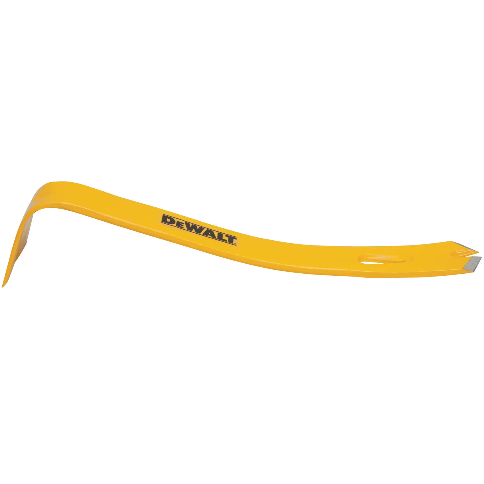 Yellow DEWALT pry bar tool with angled ends, used for demolition or removing nails.