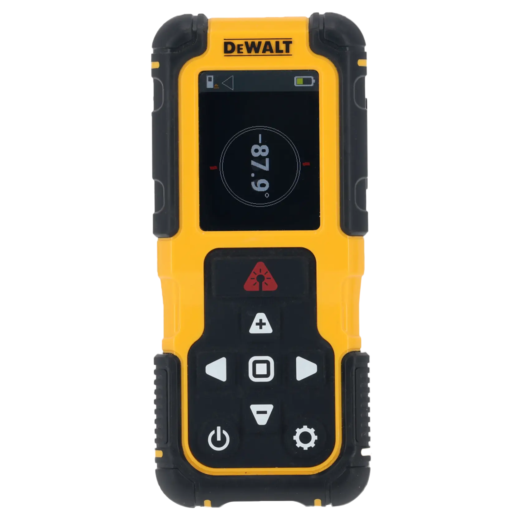 A DEWALT handheld digital laser measuring device with a yellow and black rugged casing, a display screen at the top, and multiple functional buttons below including power, menu, and navigation controls.