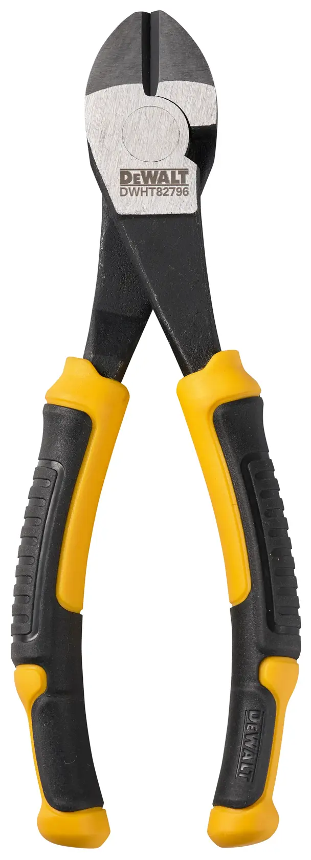 A pair of DEWALT diagonal cutting pliers with black and yellow ergonomic handles, model DWHT82796-0, shown on a white background.