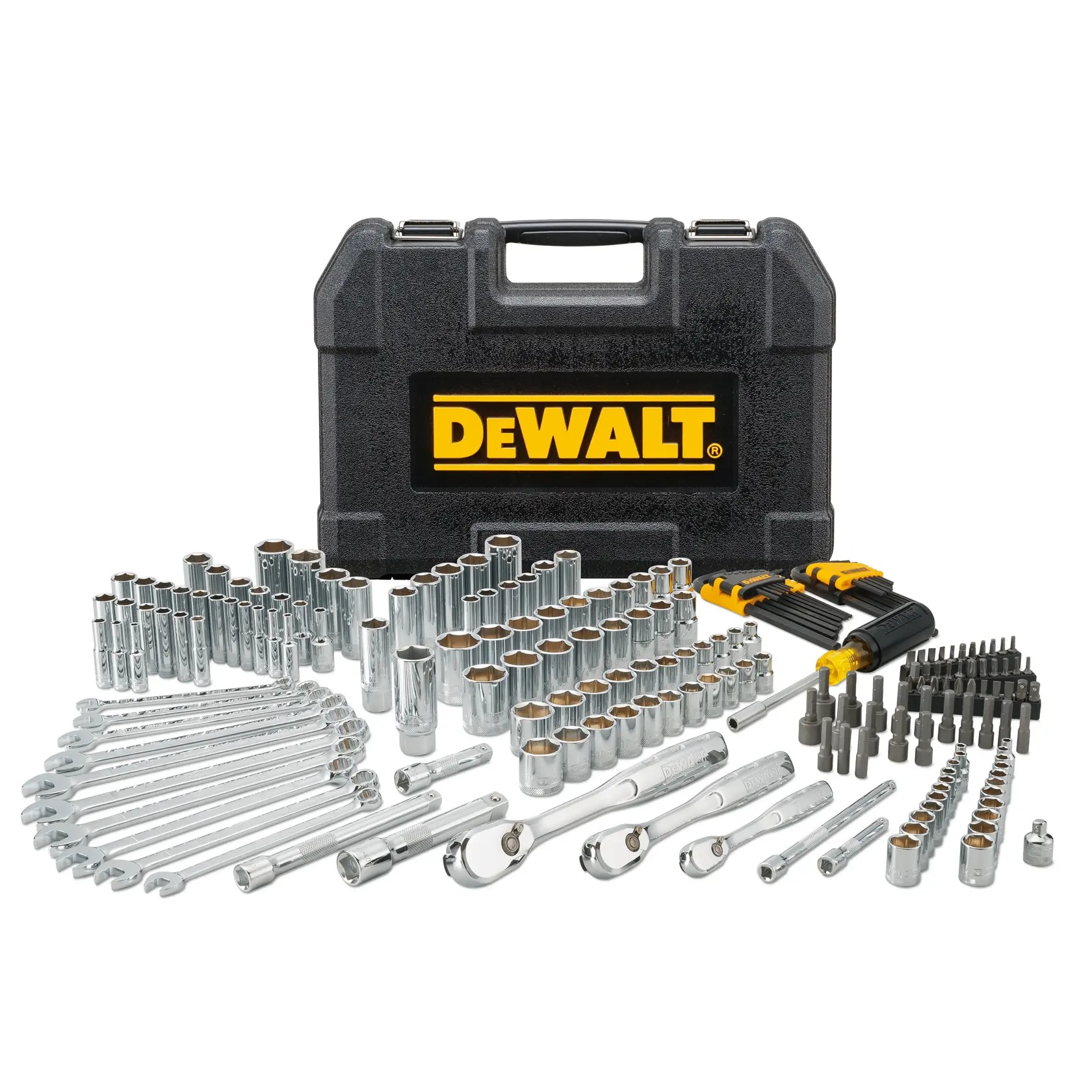 DEWALT socket and wrench set with various ratchets, bits, and screwdrivers arranged on a white background.