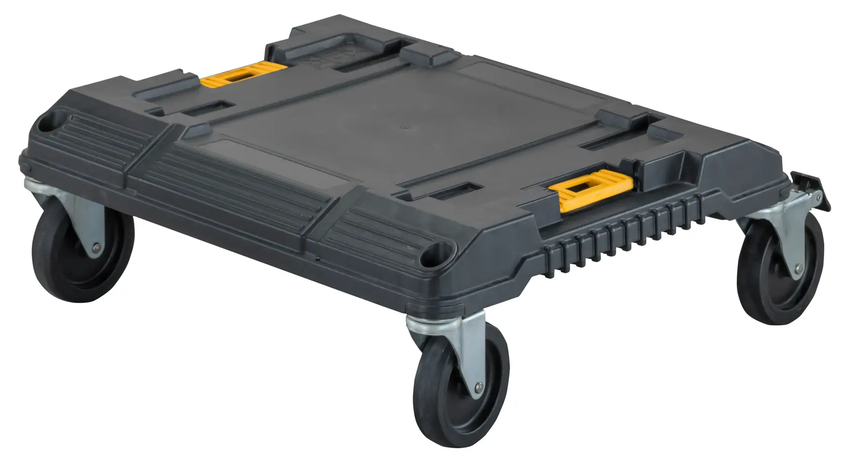Black DEWALT rolling platform with four wheels for transporting toolboxes or equipment.
