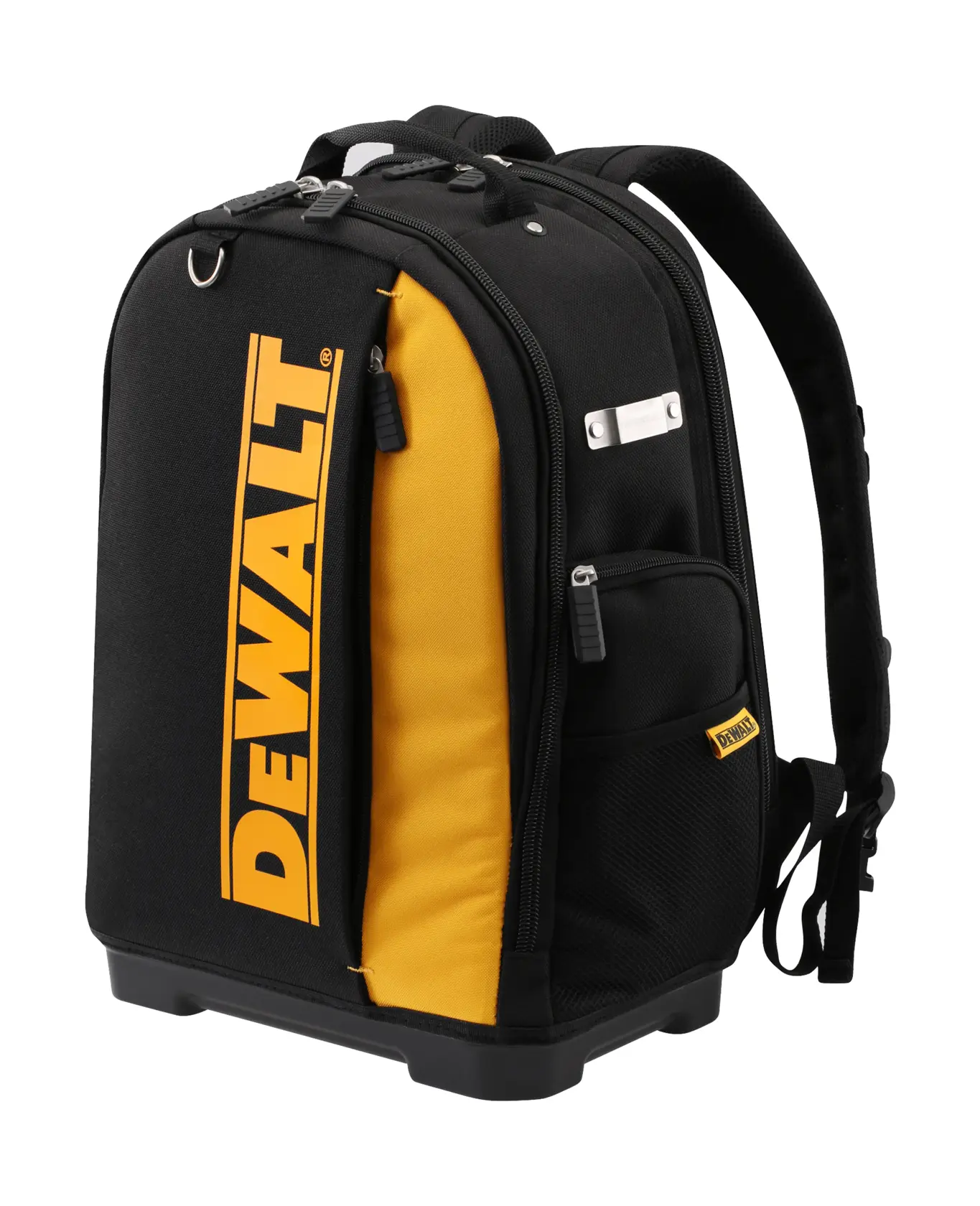 DEWALT black and yellow tool backpack with multiple compartments and carrying straps.
