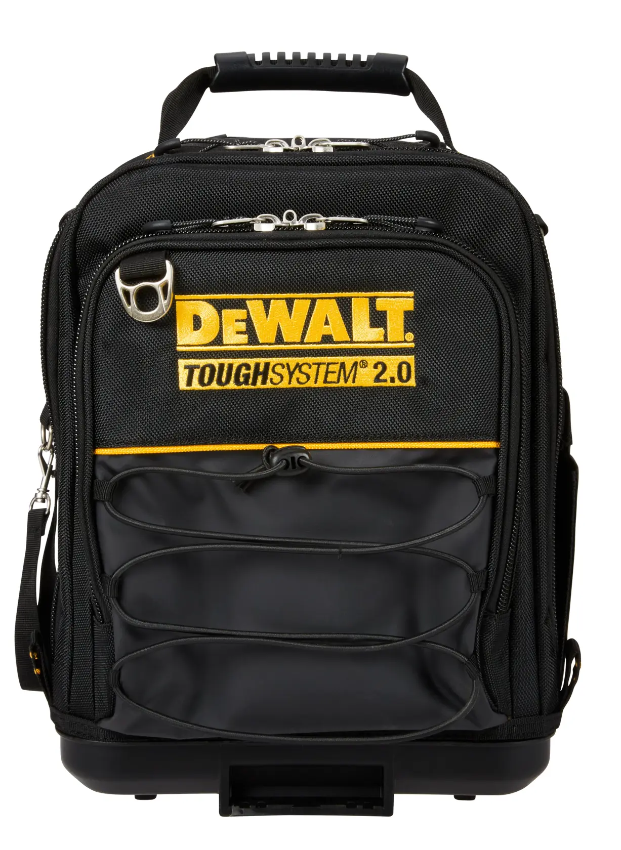 Black DEWALT ToughSystem 2.0 backpack with yellow logo and multiple zippered compartments.