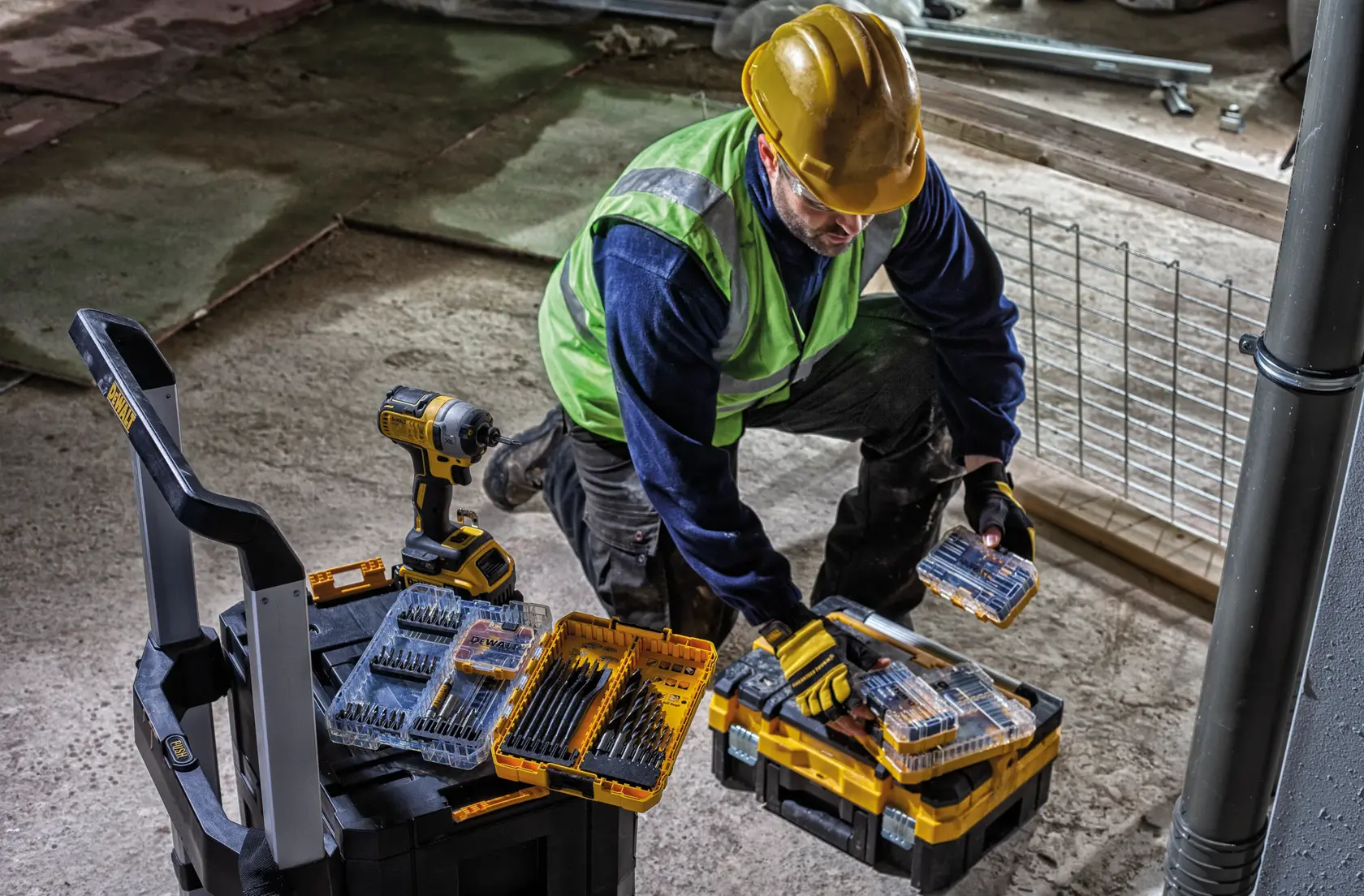 Graphic showing DEWALT XTREME Sub-Compact Series branding with the slogan 'Compact and Performance Packed' on a yellow background.