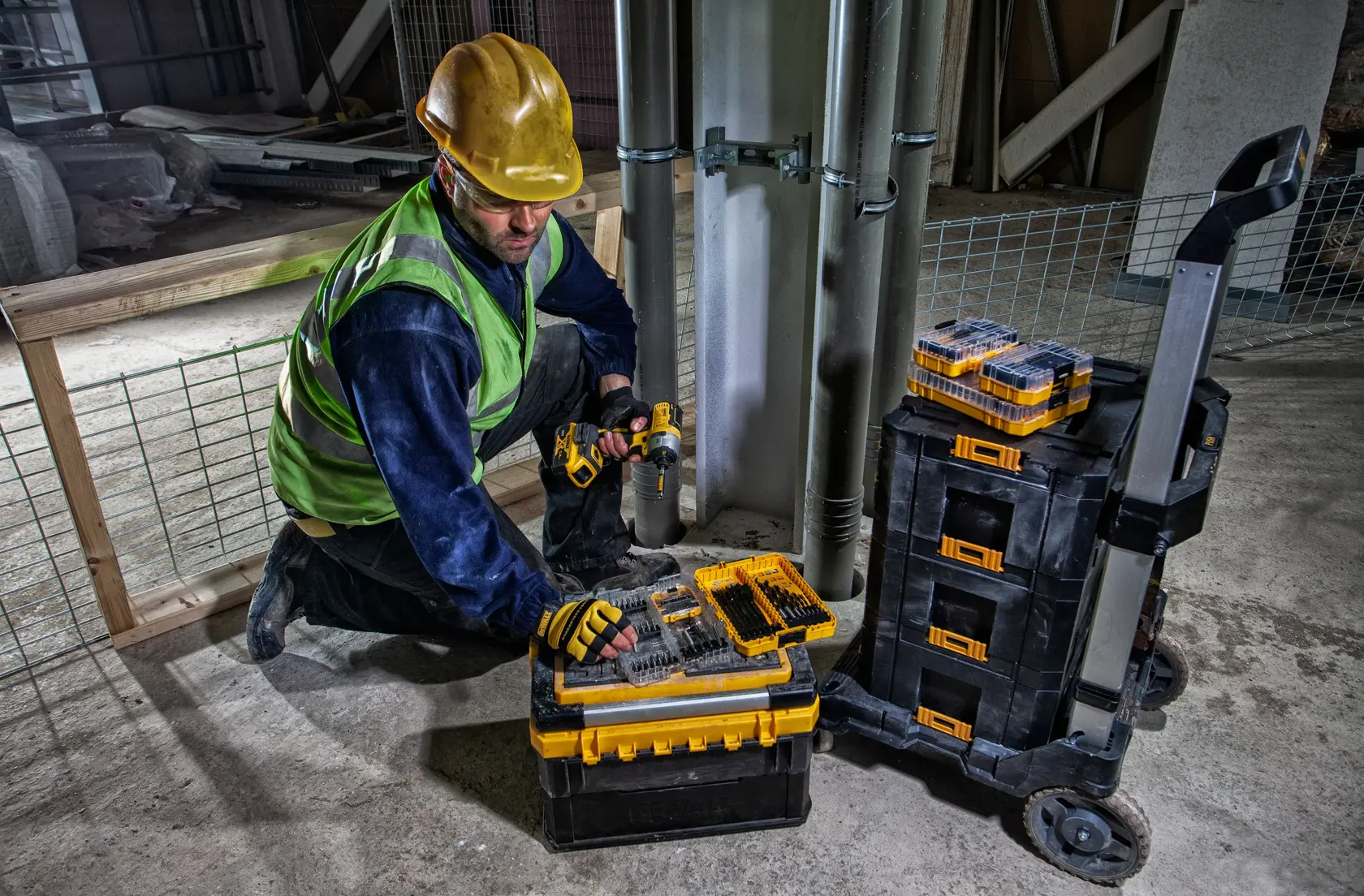 Graphic showing DEWALT XTREME Sub-Compact Series branding with the slogan 'Compact and Performance Packed' on a yellow background.