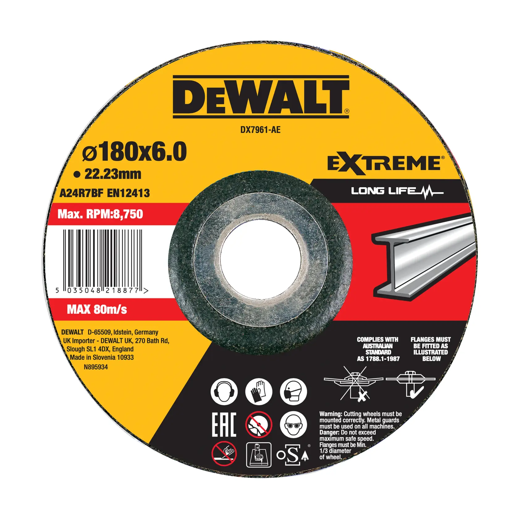 Disco de corte DEWALT DX7961 Extreme, diámetro 180mm, metal, velocidad máx 8.750 RPM, larga vida útil.